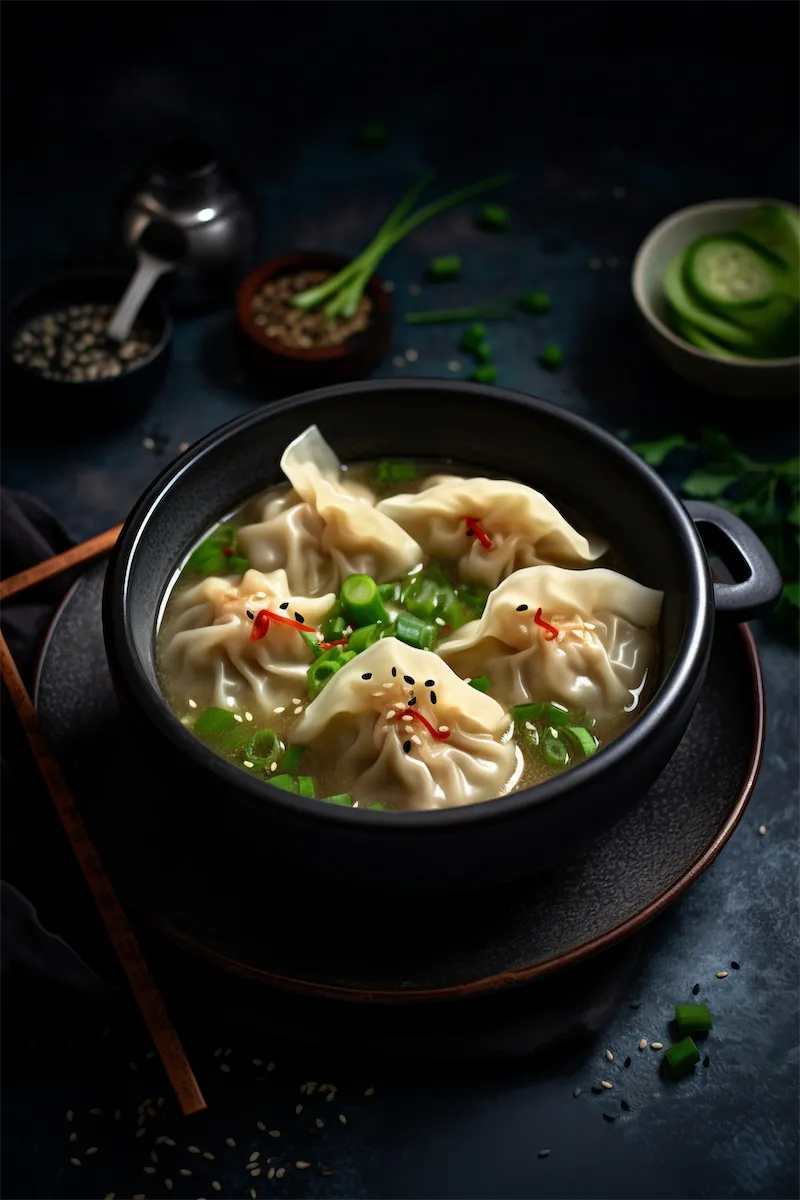 A black bowl of Chinese wonton soup garnished with sliced spring onions, black sesame seeds and chilli, served at Bamboo Basket Victoria London